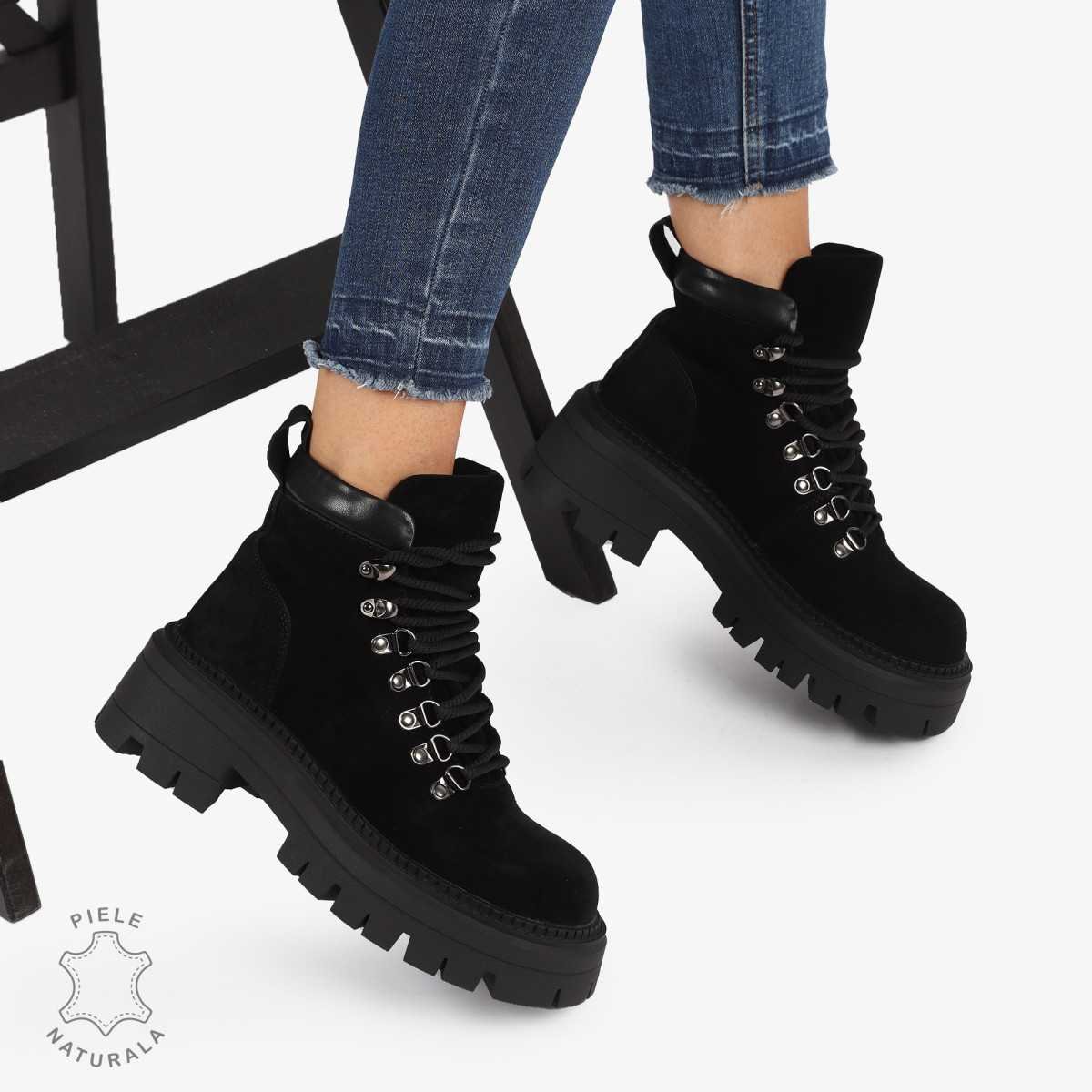 Ghete PIELE Naturala INTOARSA Intoarsa Tip Combat Boot CRL1240 Negru399 leiGhete dama din piele naturala